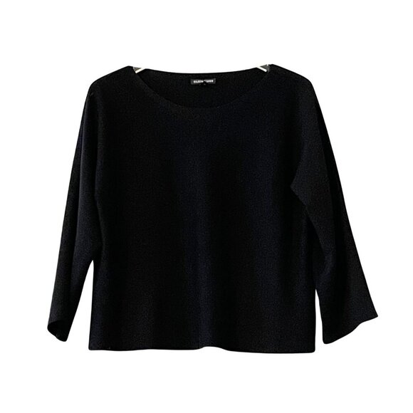 Eileen Fisher 100% Merino Wool Cold Shoulder Arm Slit Boxy Top in Black Sz. XS - Picture 1 of 5